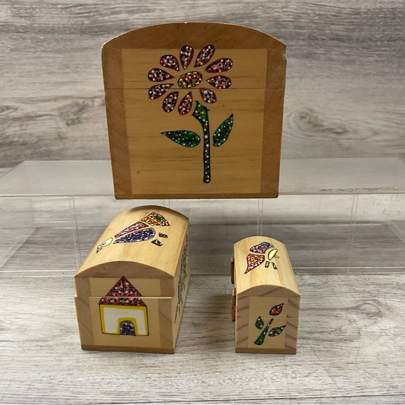 Vintage Folk Art 3 Nesting Wooden Boxes Painted El Salvador - Picture 5 of 11